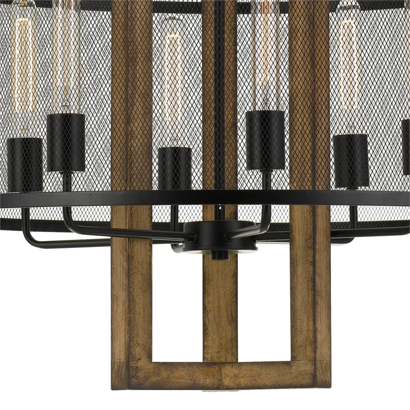 Benjara 60 X 6 Wooden Chandelier with Round Metal Mesh Shade- Black and Brown