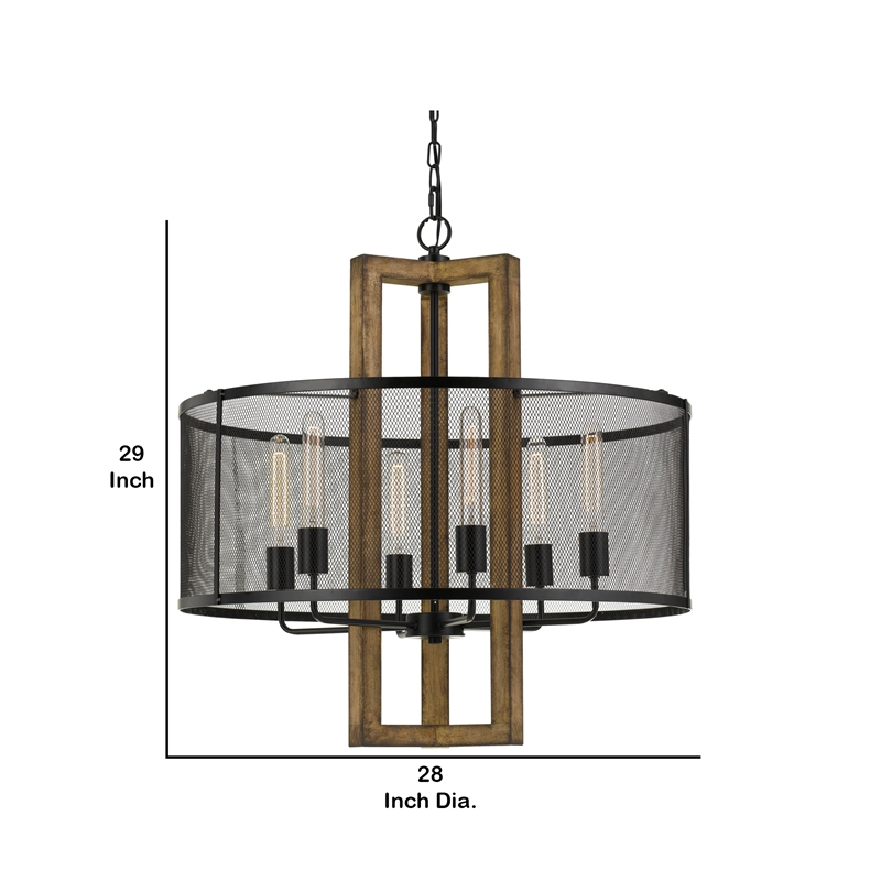 Benjara 60 X 6 Wooden Chandelier with Round Metal Mesh Shade- Black and Brown