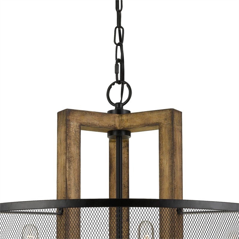 Benjara 60 X 6 Wooden Chandelier with Round Metal Mesh Shade- Black and Brown