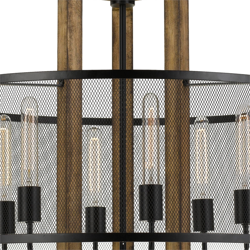 Benjara 60 X 6 Wooden Chandelier with Round Metal Mesh Shade- Black and Brown