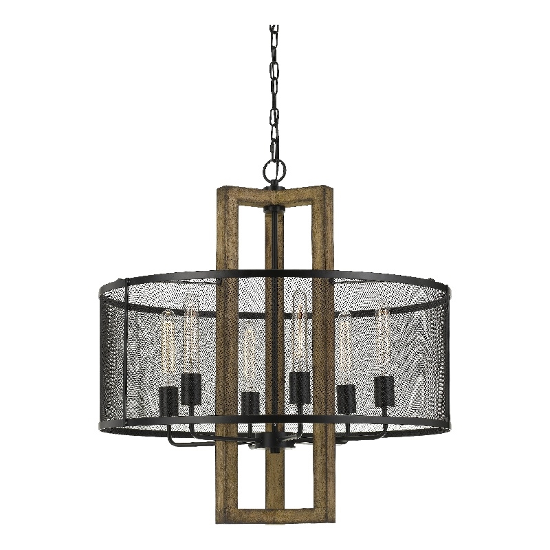 Benjara 60 X 6 Wooden Chandelier with Round Metal Mesh Shade- Black and Brown