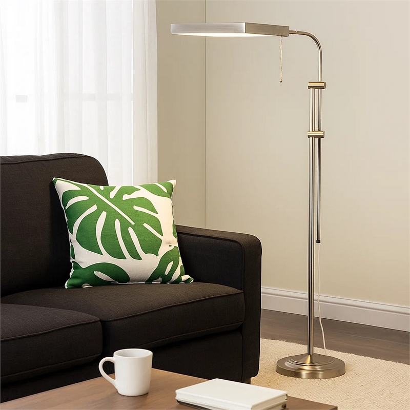 Benjara Metal Rectangular Floor Lamp with Adjustable Pole- White