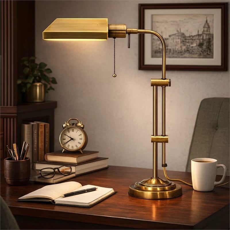 Benjara Metal Rectangular Desk Lamp with Adjustable Pole- Gold
