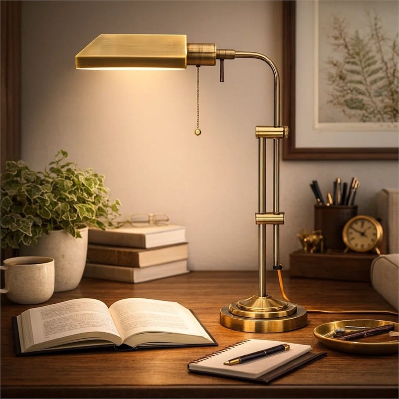 Benjara Metal Rectangular Desk Lamp with Adjustable Pole- Gold