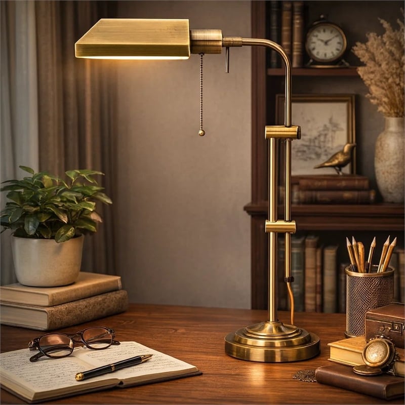Benjara Metal Rectangular Desk Lamp with Adjustable Pole- Gold