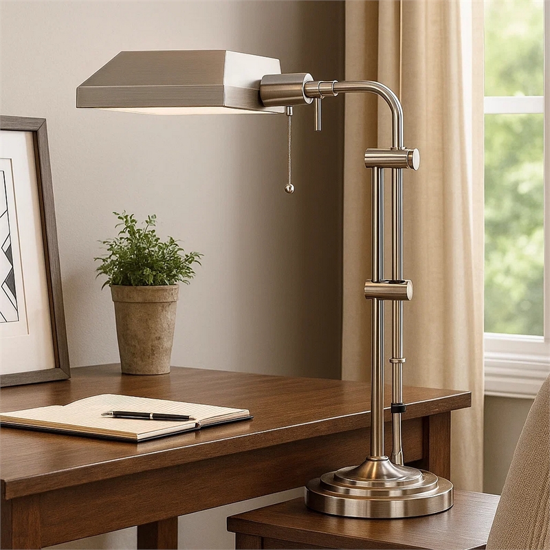Benjara Metal Rectangular Desk Lamp with Adjustable Pole- Silver