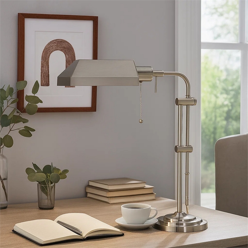 Benjara Metal Rectangular Desk Lamp with Adjustable Pole- Silver