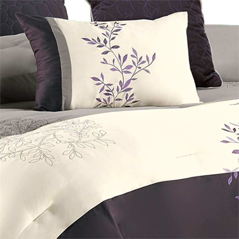 Benjara 7 Piece Queen Comforter Set with Leaf Embroidery- Gray & Purple