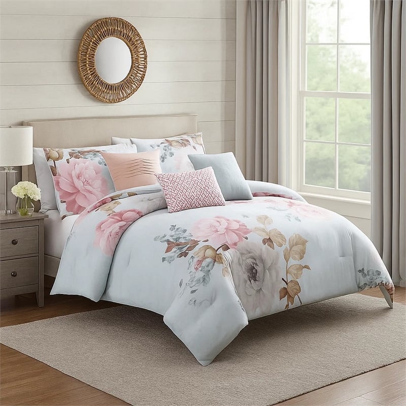 Benjara King Size 7 Piece Fabric Comforter Set with Floral Prints- Multicolor