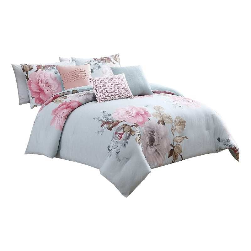 Benjara King Size 7 Piece Fabric Comforter Set with Floral Prints- Multicolor