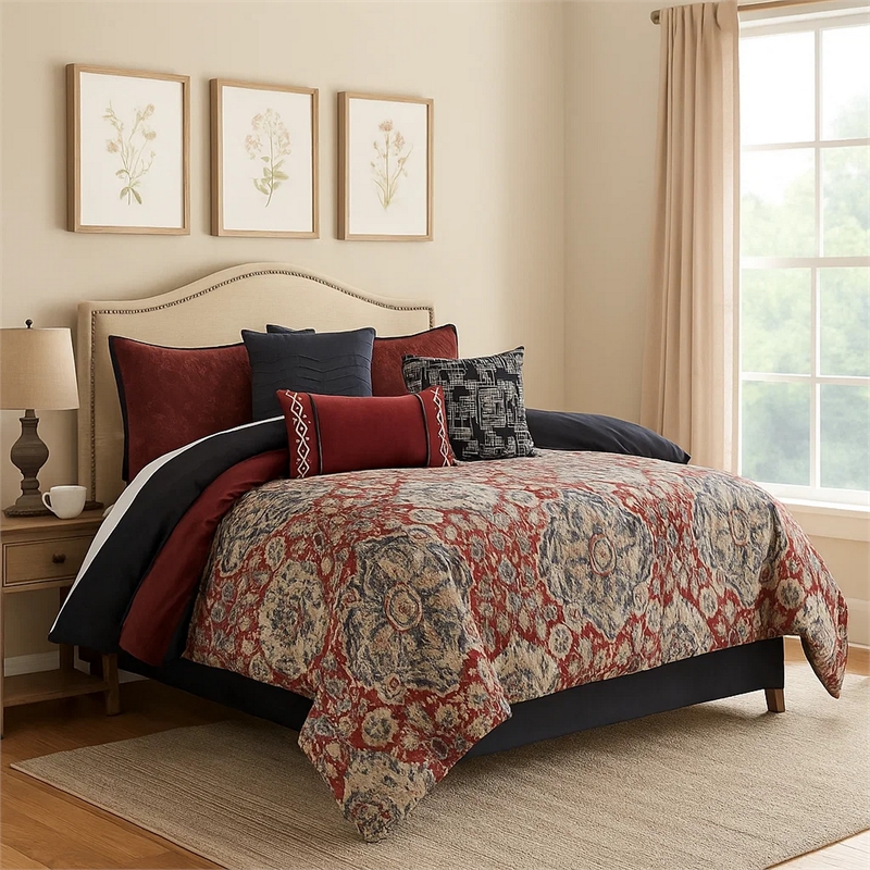 Benjara 10 Piece King Size Comforter Set with Medallion Print- Red and Blue