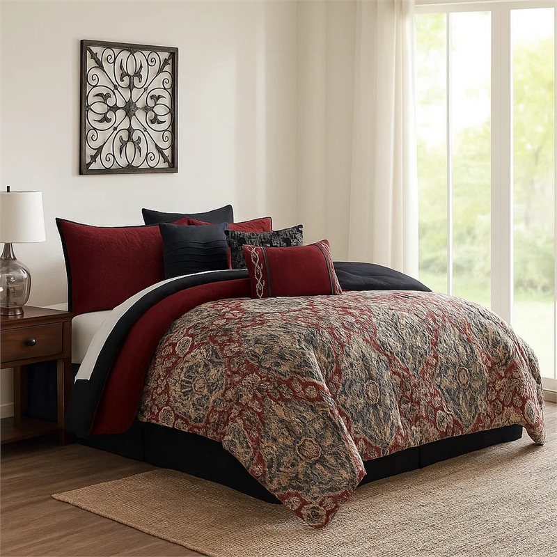 Benjara 10 Piece King Size Comforter Set with Medallion Print- Red and Blue
