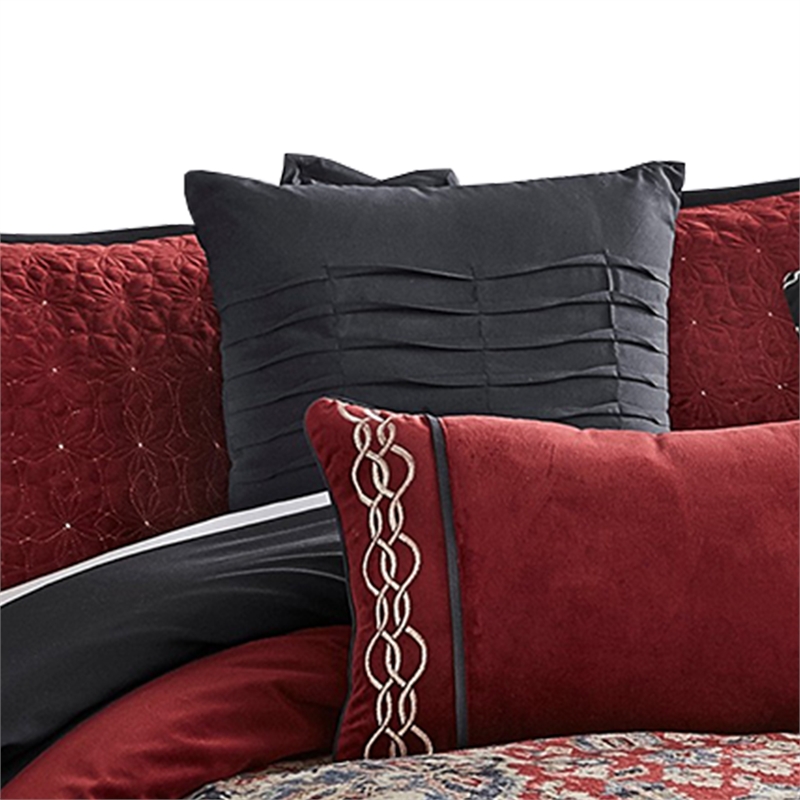 Benjara 10 Piece King Size Comforter Set with Medallion Print- Red and Blue