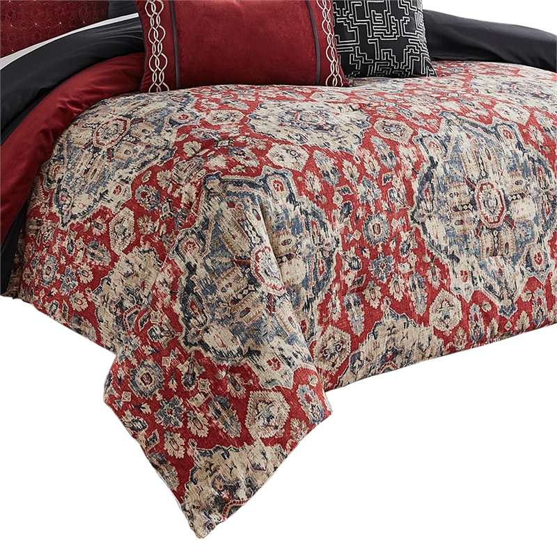 Benjara 10 Piece King Size Comforter Set with Medallion Print- Red and Blue