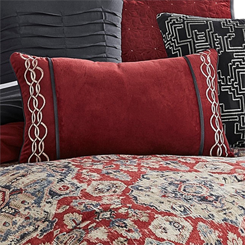 Benjara 10 Piece King Size Comforter Set with Medallion Print- Red and Blue
