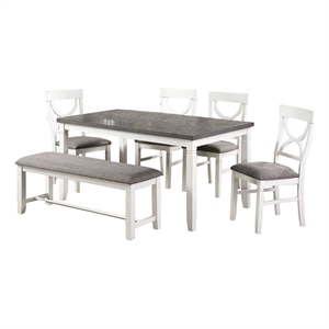 Benjara 6 Piece Dining Set with Cut Out Back Chairs & Padded Bench- White & Gray