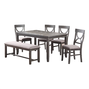 Benjara 6 Piece Wooden Dining Set with Cut Out Back Chairs & Padded Bench- Gray