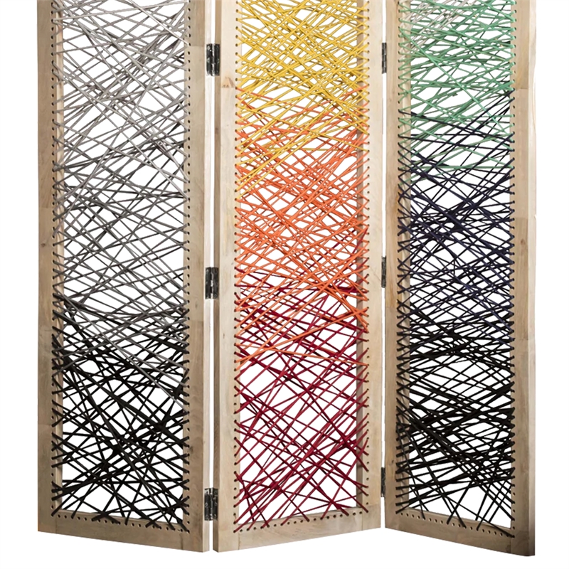 Benjara 3 Panel Wooden Screen with Woven Reinforced Yarn- Multicolor