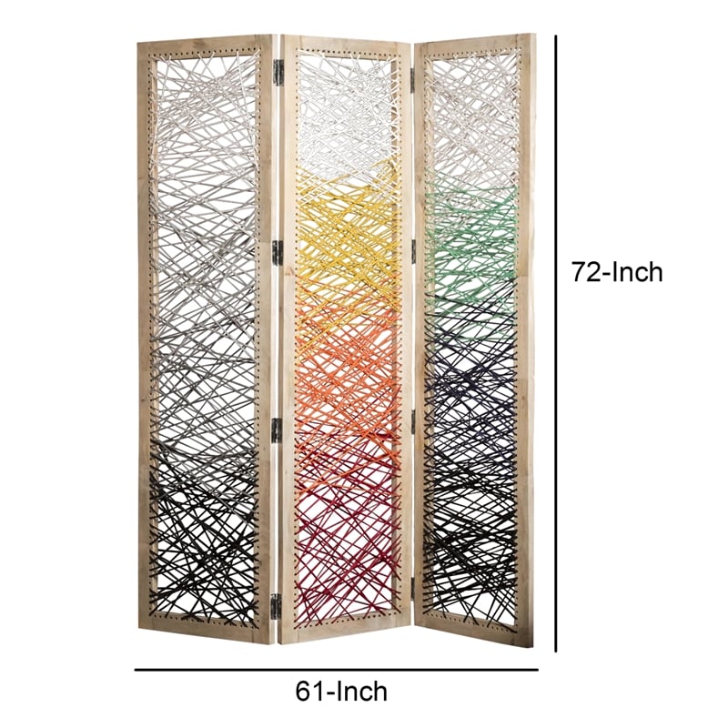 Benjara 3 Panel Wooden Screen with Woven Reinforced Yarn- Multicolor