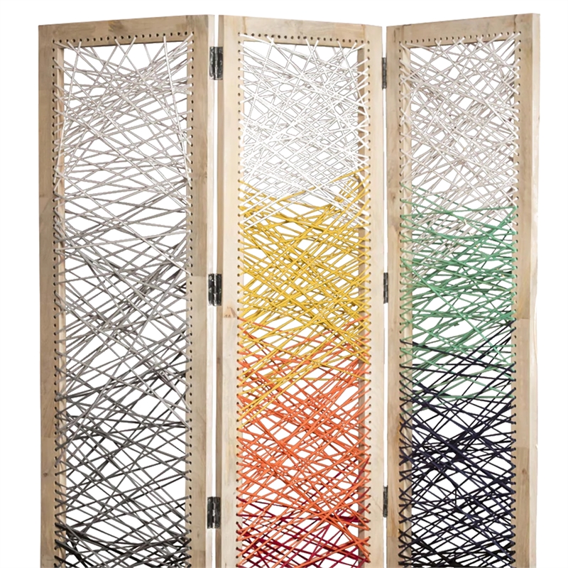 Benjara 3 Panel Wooden Screen with Woven Reinforced Yarn- Multicolor