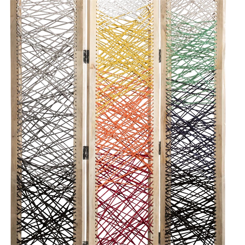 Benjara 3 Panel Wooden Screen with Woven Reinforced Yarn- Multicolor