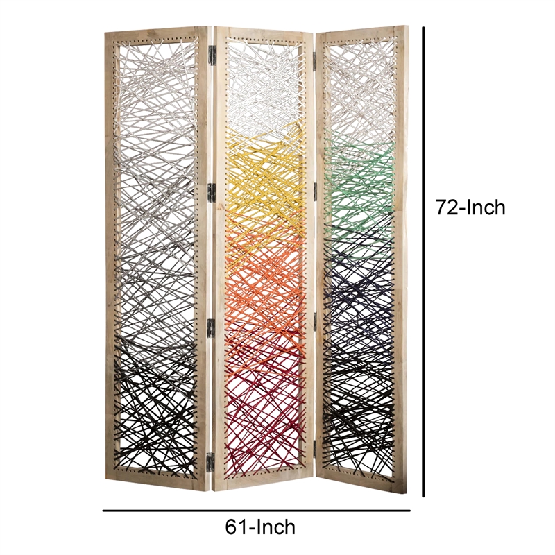 Benjara 3 Panel Wooden Screen with Woven Reinforced Yarn- Multicolor