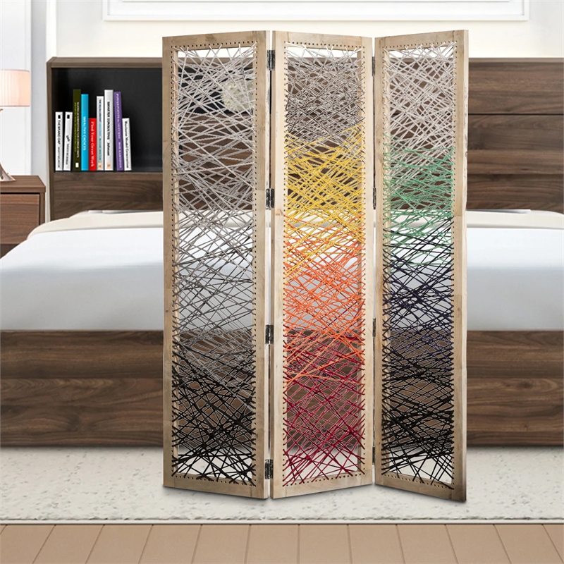 Benjara 3 Panel Wooden Screen with Woven Reinforced Yarn- Multicolor