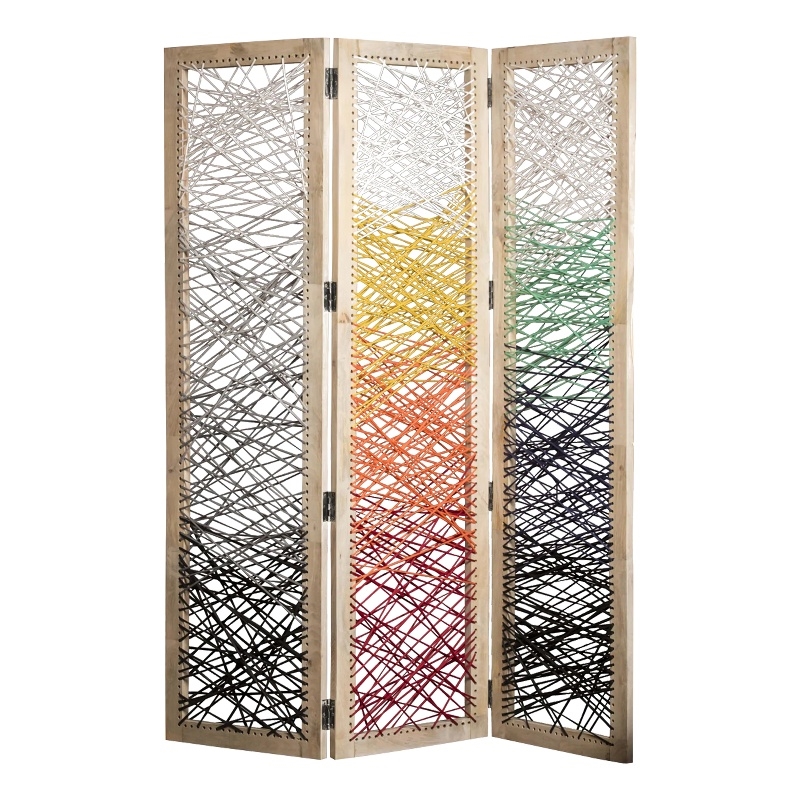 Benjara 3 Panel Wooden Screen with Woven Reinforced Yarn- Multicolor