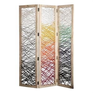 Benjara 3 Panel Wooden Screen with Woven Reinforced Yarn- Multicolor