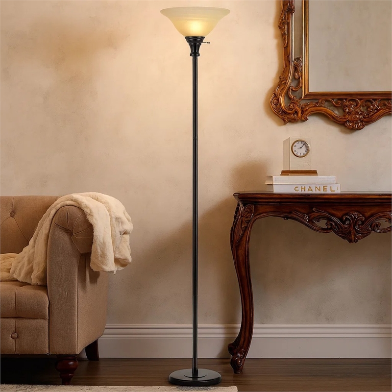 Benjara Metal Round 3 Way Torchiere Lamp with Frosted Shade- Dark Bronze & Gold