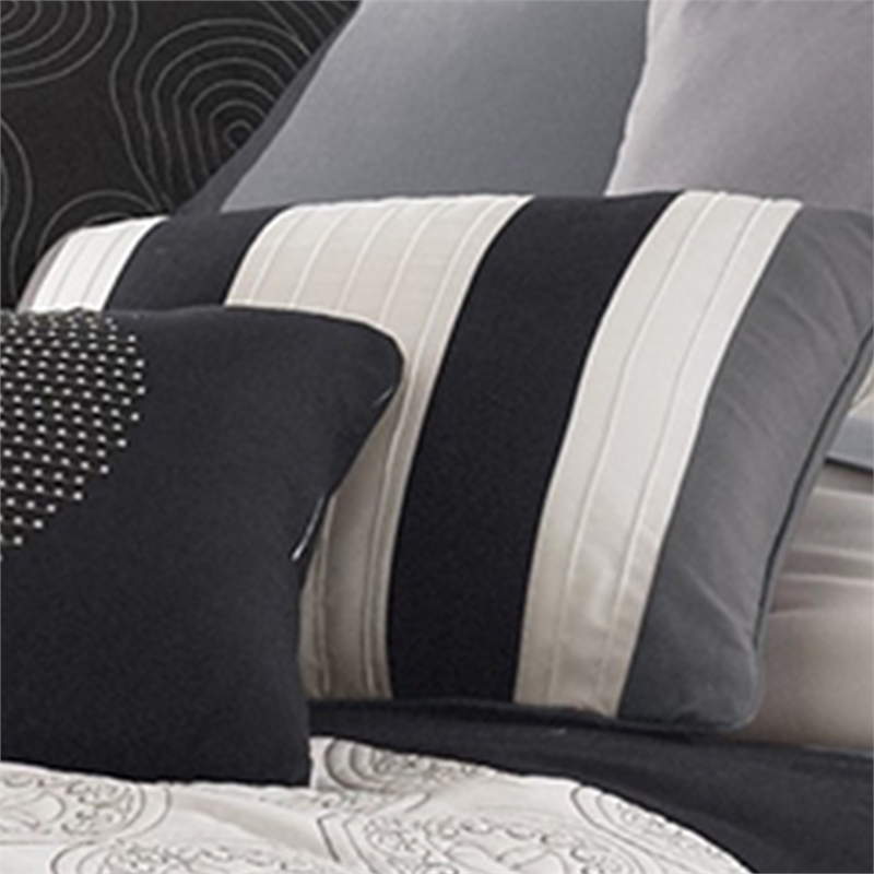 Benjara 7 Piece Queen Cotton Comforter Set with Geometric Print- Gray and Black