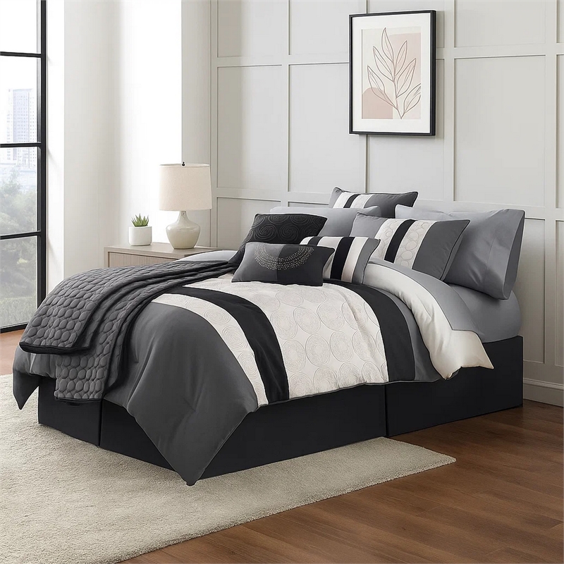 Benjara 7 Piece Queen Cotton Comforter Set with Geometric Print- Gray and Black