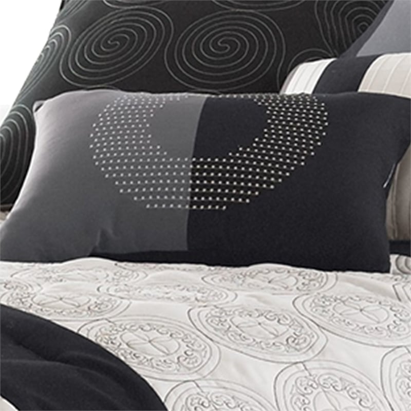Benjara 7 Piece Queen Cotton Comforter Set with Geometric Print- Gray and Black