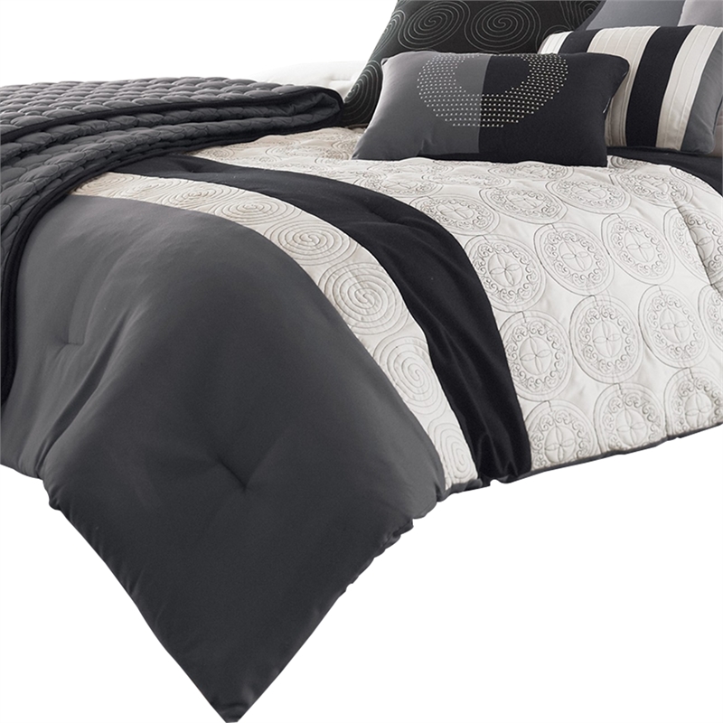 Benjara 7 Piece Queen Cotton Comforter Set with Geometric Print- Gray and Black