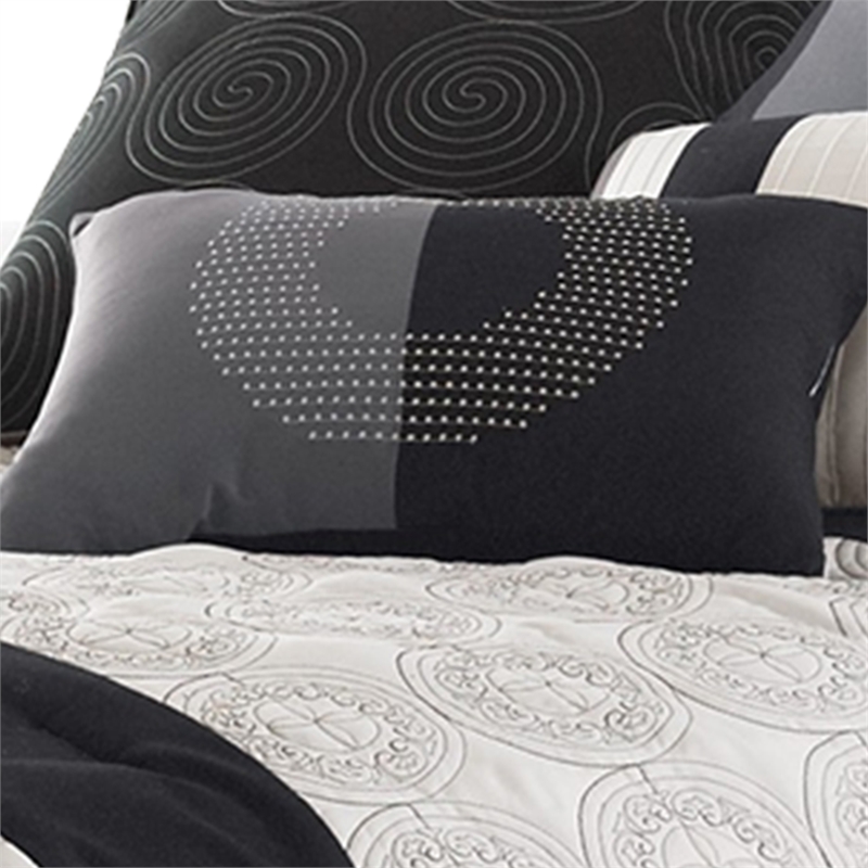 Benjara 7 Piece Queen Cotton Comforter Set with Geometric Print- Gray and Black