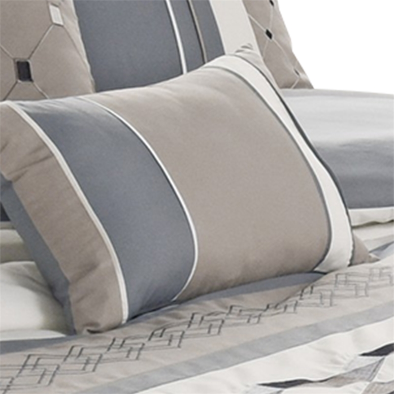 Benjara 7 Piece Queen Polyester Comforter Set with Geometric Design- Blue & Gray