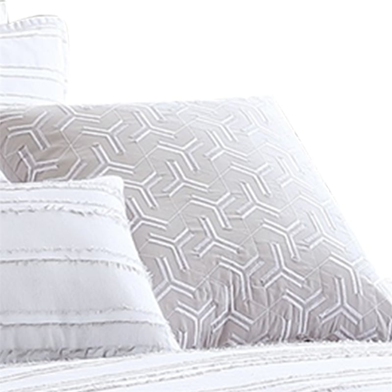 Benjara 6 Piece King Cotton Comforter Set with Frayed Edges- White and Gray