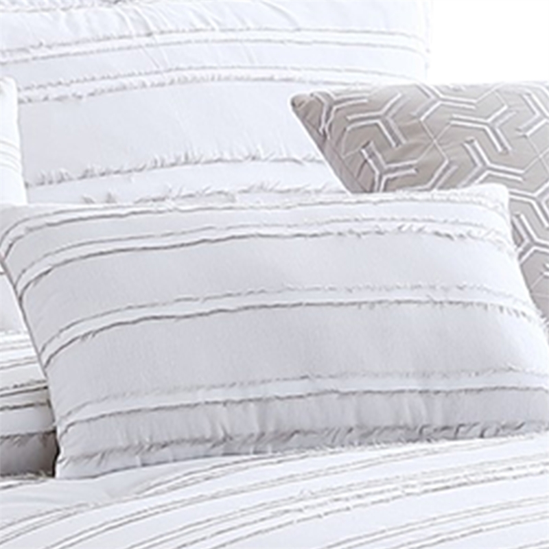 Benjara 6 Piece King Cotton Comforter Set with Frayed Edges- White and Gray