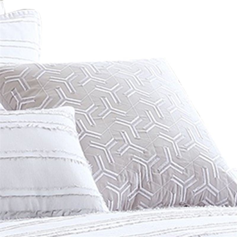Benjara 6 Piece King Cotton Comforter Set with Frayed Edges- White and Gray