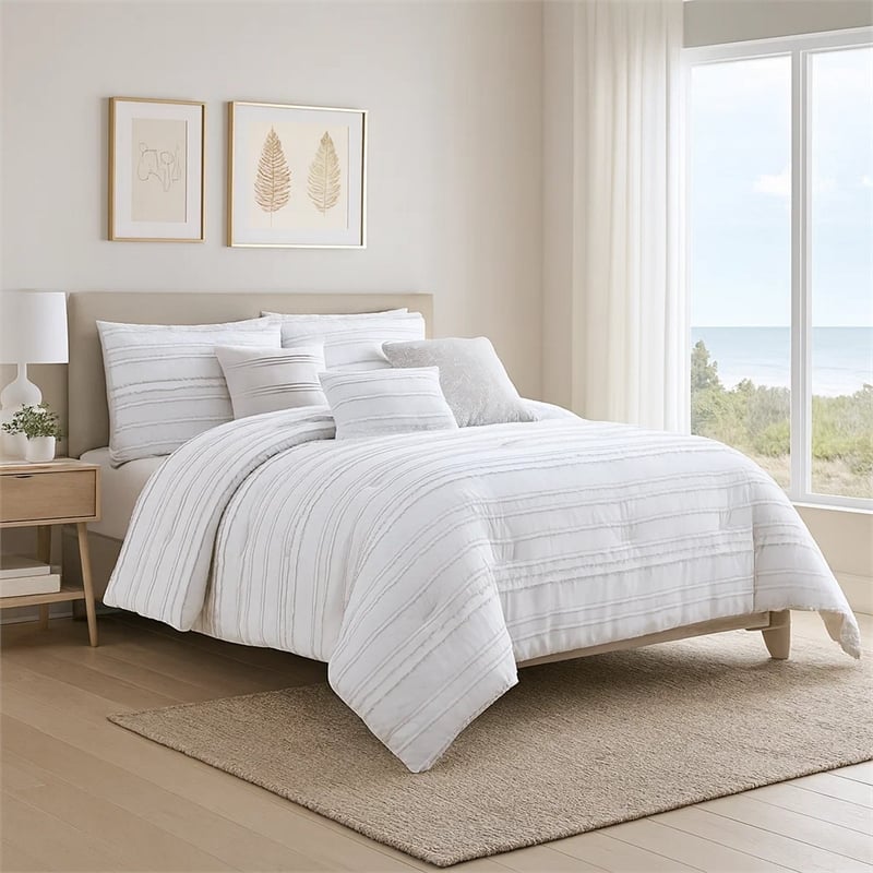 Benjara 6 Piece King Cotton Comforter Set with Frayed Edges- White and Gray