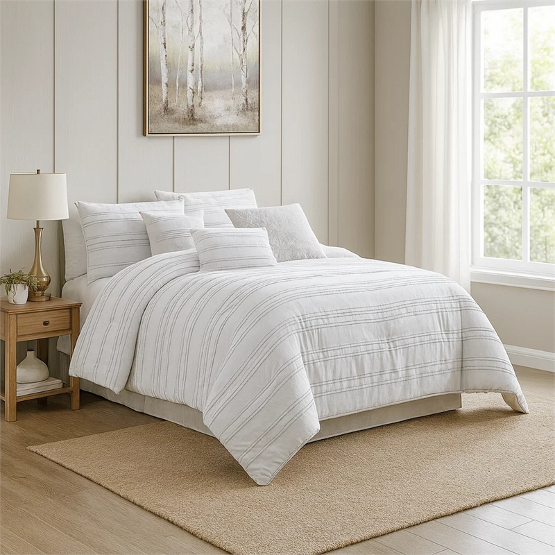 Benjara 6 Piece King Cotton Comforter Set with Frayed Edges- White and Gray