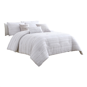 Benjara 6 Piece King Cotton Comforter Set with Frayed Edges- White and Gray