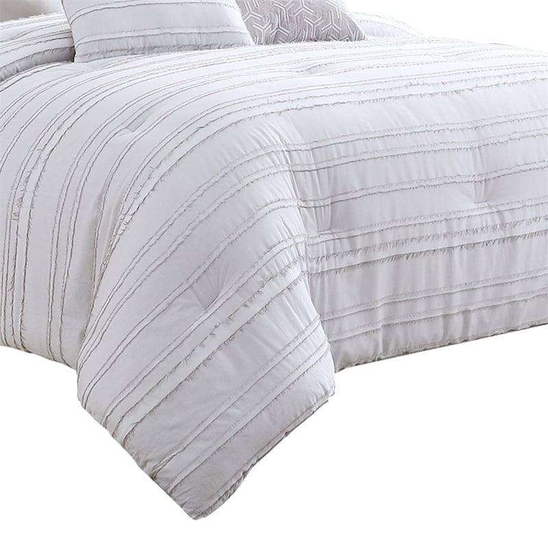 Benjara 6 Piece King Cotton Comforter Set with Frayed Edges- White and Gray