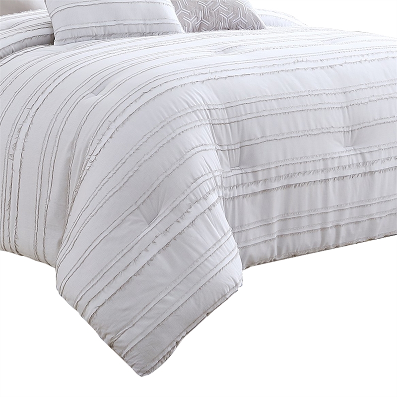 Benjara 6 Piece Queen Cotton Comforter Set with Frayed Edges- White and Gray