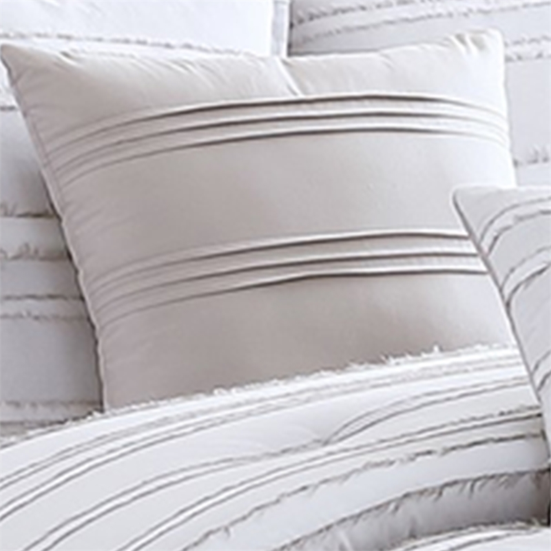 Benjara 6 Piece Queen Cotton Comforter Set with Frayed Edges- White and Gray