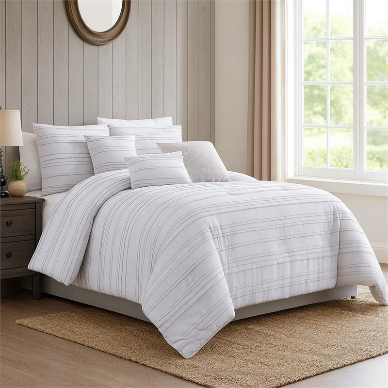 Benjara 6 Piece Queen Cotton Comforter Set with Frayed Edges- White and Gray