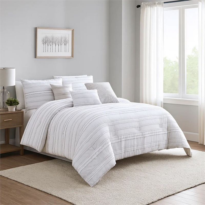 Benjara 6 Piece Queen Cotton Comforter Set with Frayed Edges- White and Gray