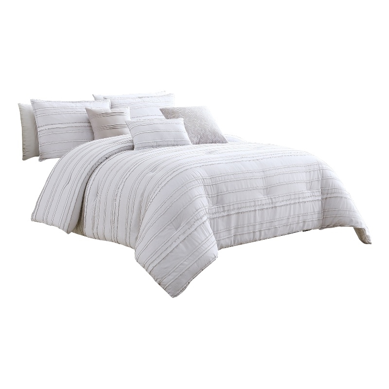 Benjara 6 Piece Queen Cotton Comforter Set with Frayed Edges- White and Gray