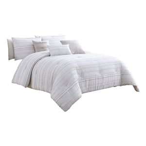 Benjara 6 Piece Queen Cotton Comforter Set with Frayed Edges- White and Gray
