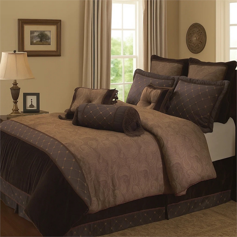Benjara 10 Piece King Polyester Comforter Set with Paisley Pattern Design- Brown